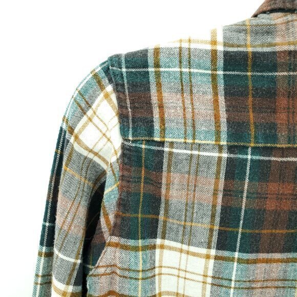 VTG L.L. Bean 100% Cotton Plaid Flannel Button Shirt S/M Cream/Green/Brown - Picture 11 of 16